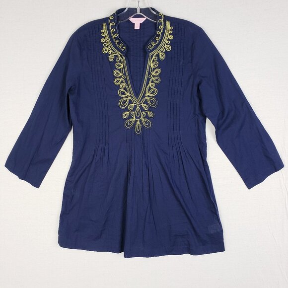 Lilly Pulitzer Sarasota Beaded Embroidered Tunic Top Navy S Resort Boho Preppy - Picture 1 of 12